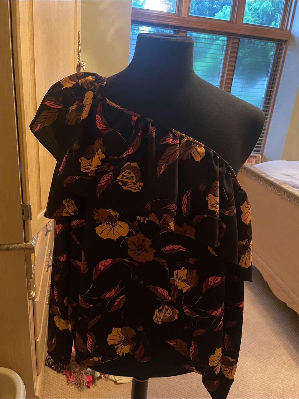 Leith Black Blouse with Mustard and Pink Floral Print